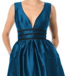 eShakti Plunge contrast trim dupioni dress in Teal blue/black size 32w 5x